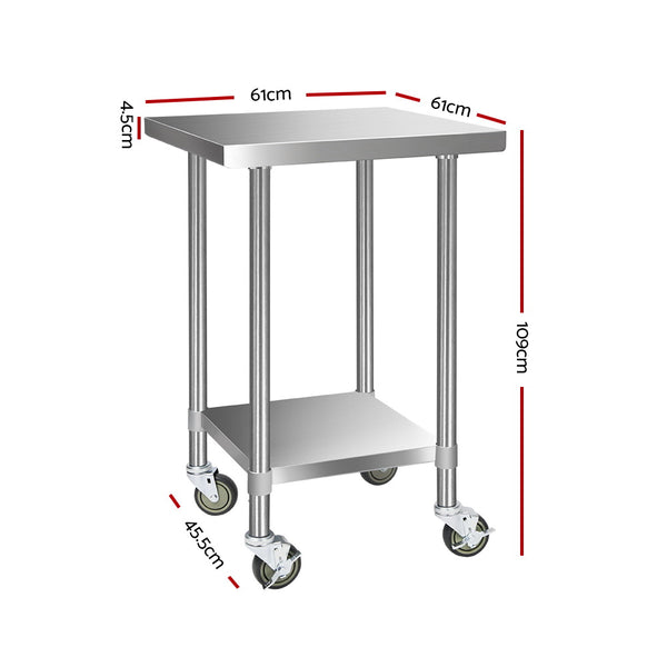 Cefito 430 Stainless Steel Kitchen Benches Work Bench Food Prep Table with Wheels 610MM x 610MM - Cefito