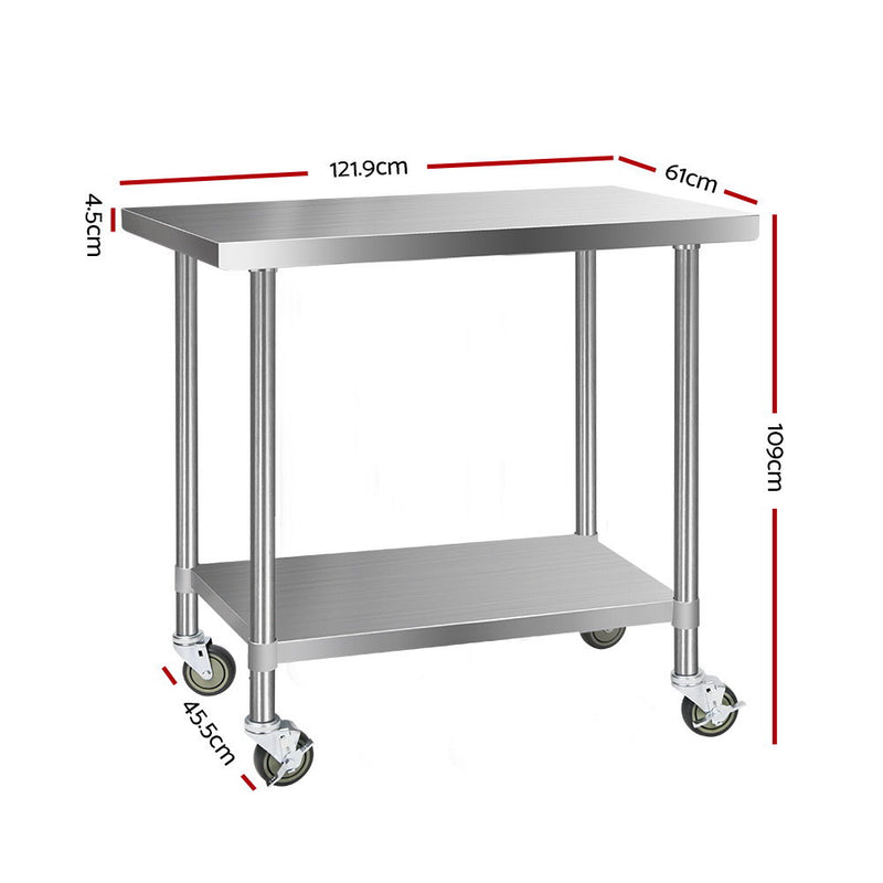 Cefito 430 Stainless Steel Kitchen Benches Work Bench Food Prep Table with Castor Wheels 1219mm x 610mm