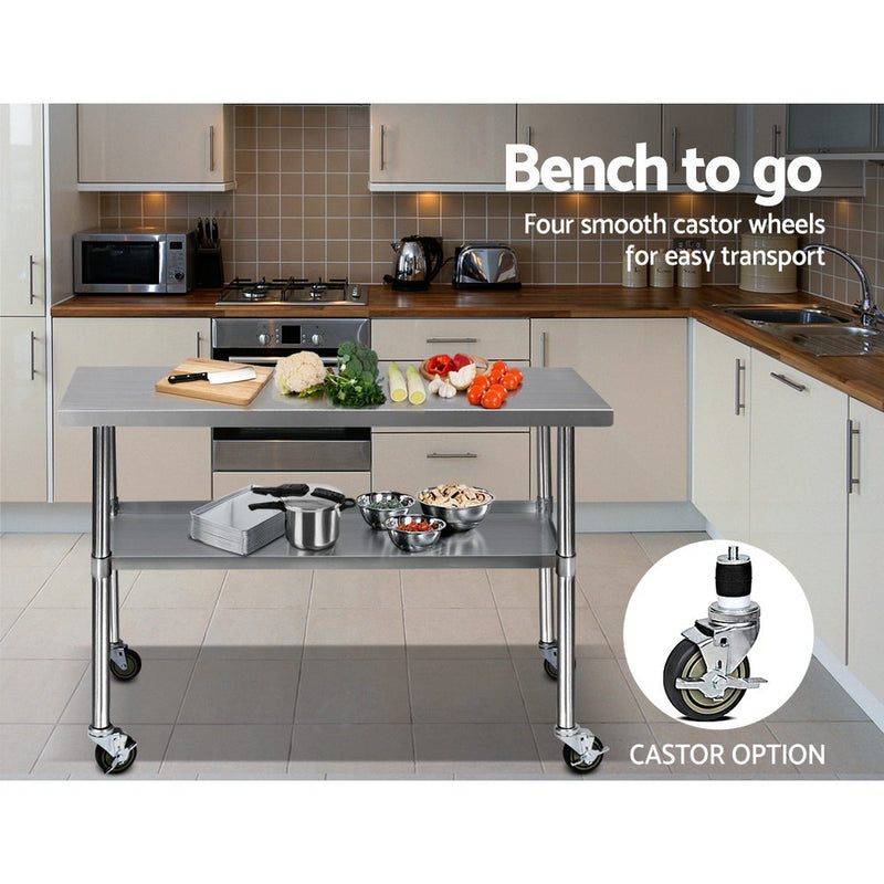Cefito 430 Stainless Steel Kitchen Benches Work Bench Food Prep Table with Castor Wheels 1219mm x 610mm