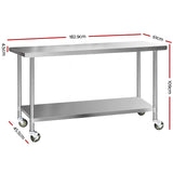 Cefito 430 Stainless Steel Kitchen Benches Work Bench Food Prep Table with Castor Wheels 1829mm x 610mm