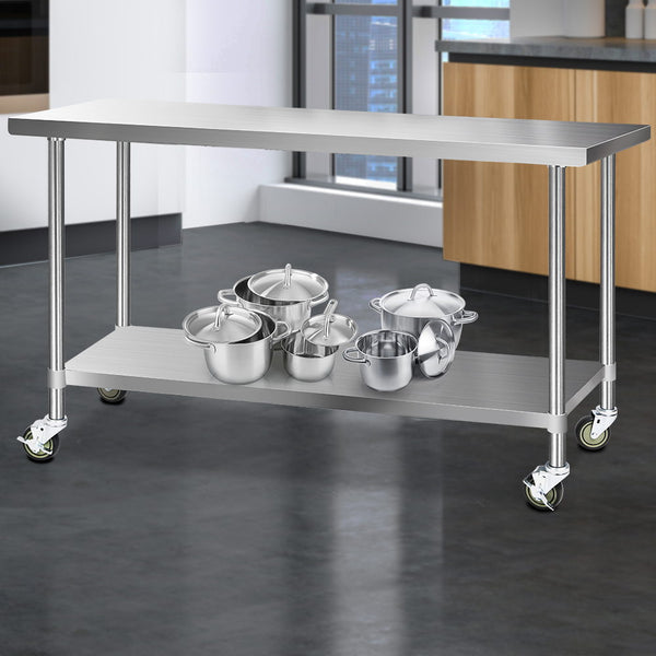 Cefito 430 Stainless Steel Kitchen Benches Work Bench Food Prep Table with Castor Wheels 1829mm x 610mm